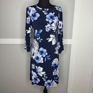 Tommy Hilfiger Sheath Dress Women Size 8 Blue Floral Polka Dot 3/4 Sleeve